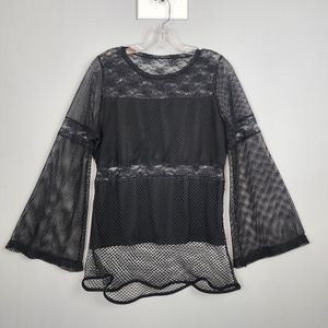 Just One Black Fishnet and Lace Shirt with Bell Sleeves, Whimsigoth, Sz 1X 16